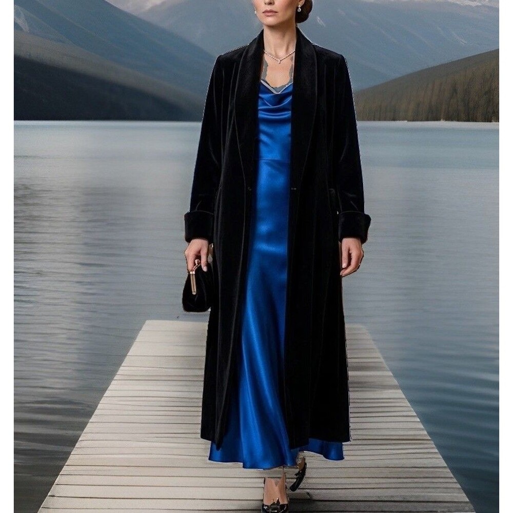 Vintage Black Velvet Long Opera Coat Dress Gothic Evening J S Collections Small